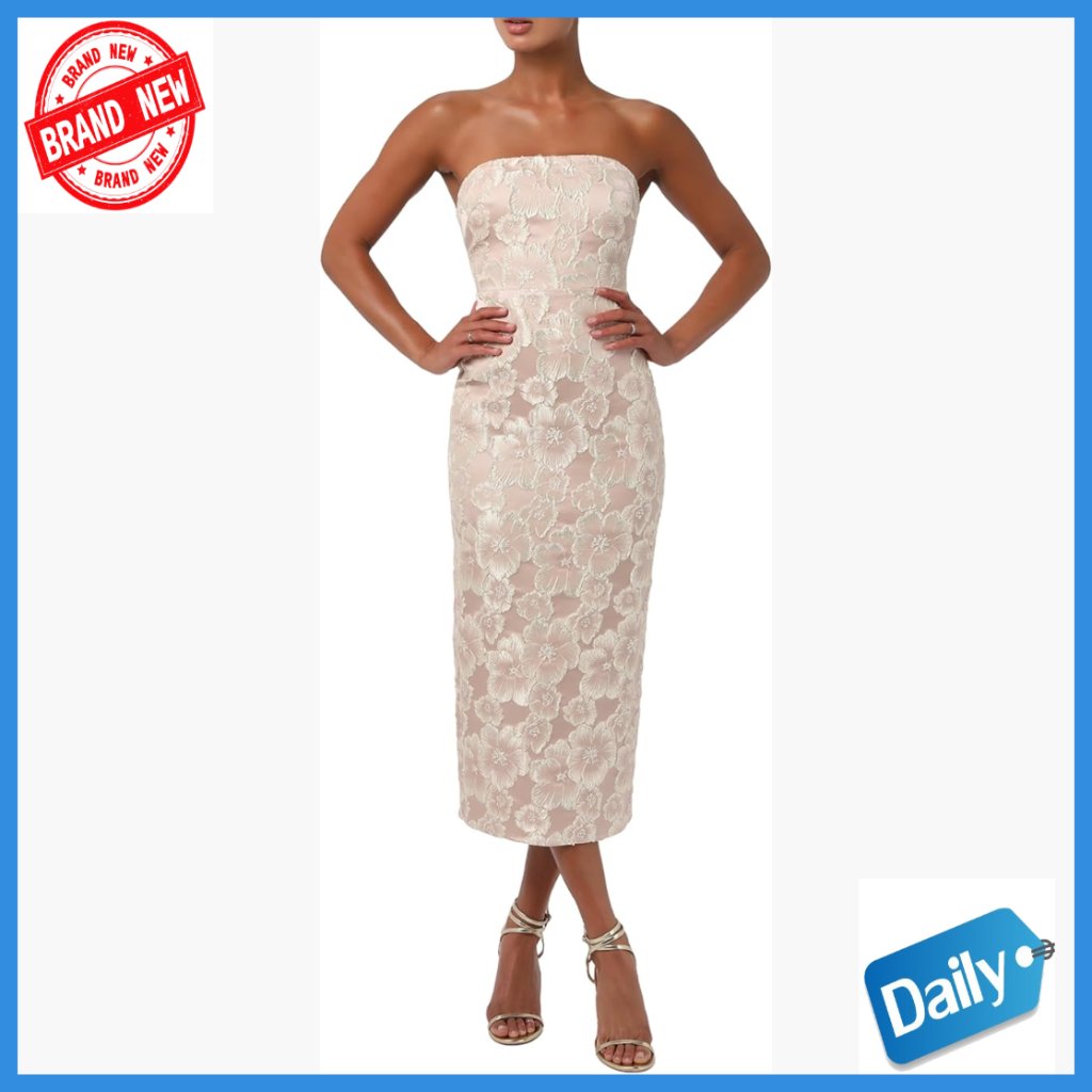 Strapless Midi Dress Floral Jacquard Evening Cocktail Party Column Fit